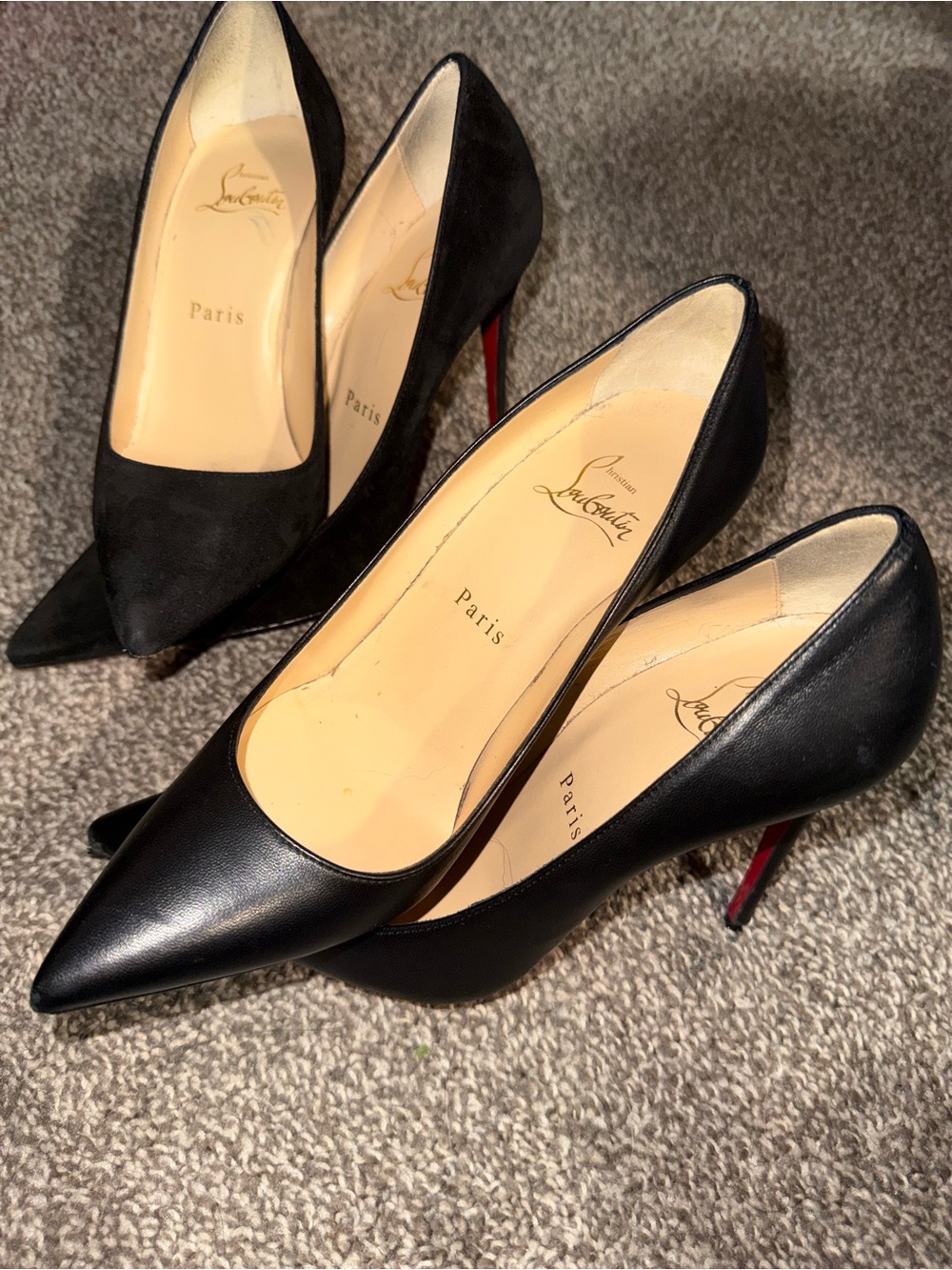 2 pairs Christian Louboutin Black Leather/Suede Pointed Toe Pumps with Red Soles